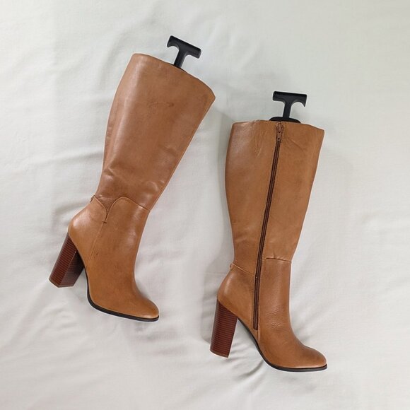Liz & Co Tan Cognac Leather Side Zip Block Heel Tall Chunky Heel Boots - Picture 2 of 10